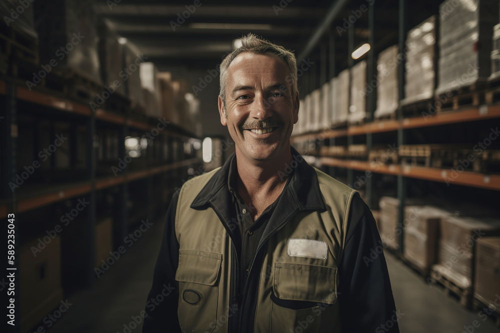 Generative AI illustration of mature male worker in casual coverall clothes smiling and looking at camera while standing in modern store Generative AI illustration of mature male worker in casual coverall clothes smiling and looking at camera while standing in modern store