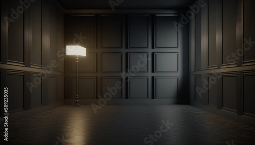 Empty vintage old dark room interior with classic black walls and floor lamp. Retro style design. Background, wallpaper. Generative AI