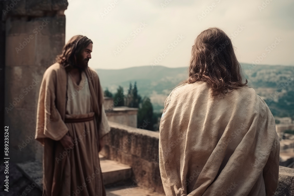 Naklejka premium The devil tempts Jesus on the highest point of the temple. Generative AI.