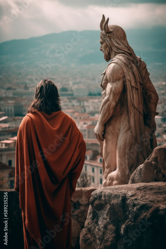 The devil tempts Jesus on the highest point of the temple. Generative AI.