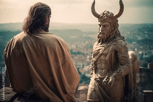The devil tempts Jesus on the highest point of the temple. Generative AI.