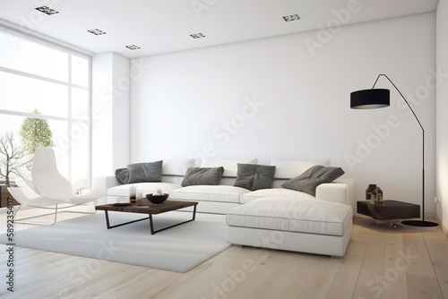 Bright living room interior with white empty wall   Beautiful contemporary living room home interior   Modern kitchen and modern living room in white interior design, Generative AI © Azar