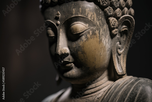 Generative AI. Meditating Buddha Statue on dark background. Soft focus. Close up. Copy space.