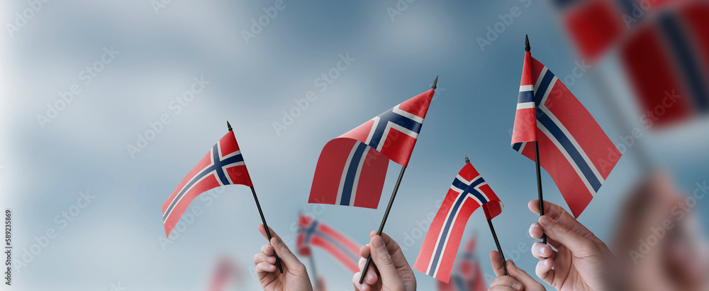 A group of people holding small flags of the Norway in their hands - obrazy, fototapety, plakaty 