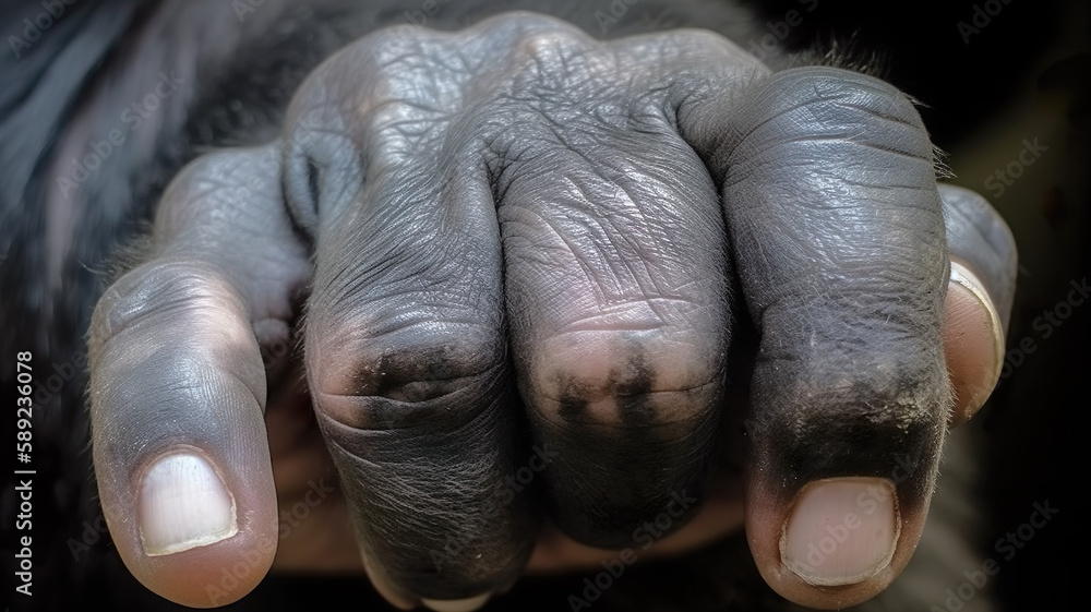Obraz premium Extreme close up on gorilla's hand in dark scene. AI Generated.