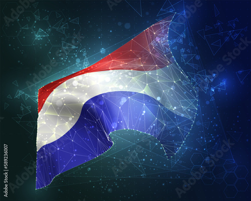 Netherlands,  vector flag, virtual abstract 3D object from triangular polygons on a blue background