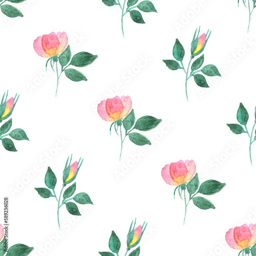 Fototapeta Naklejka Na Ścianę i Meble -  Hand painted pink yellow gradient colored roses with green leaves as summer spring seamless pattern on white background for print cards, invitations, scrapbooking and wrapper.