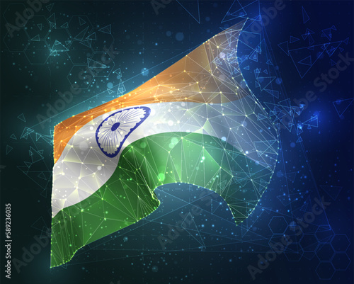 India,  vector flag, virtual abstract 3D object from triangular polygons on a blue background