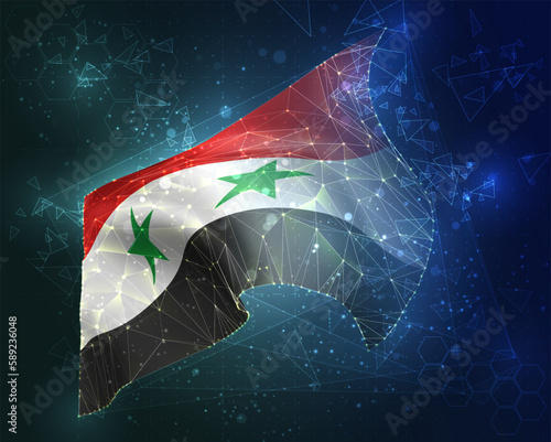 Syria,  vector flag, virtual abstract 3D object from triangular polygons on a blue background