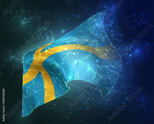 Sweden,  vector flag, virtual abstract 3D object from triangular polygons on a blue background