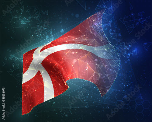 Denmark,  vector flag, virtual abstract 3D object from triangular polygons on a blue background