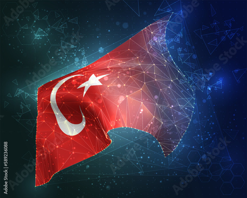 Turkey,  vector flag, virtual abstract 3D object from triangular polygons on a blue background