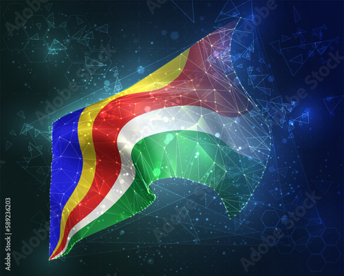 Seychelles,  vector flag, virtual abstract 3D object from triangular polygons on a blue background