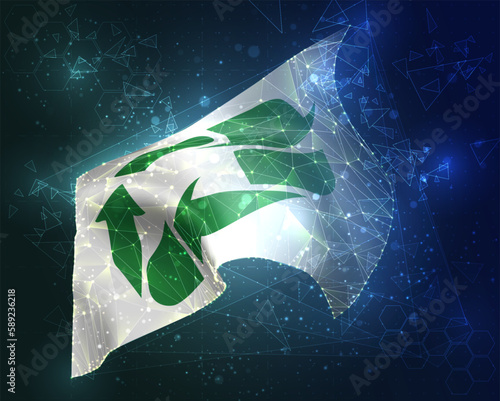 Recycling,  vector flag, virtual abstract 3D object from triangular polygons on a blue background