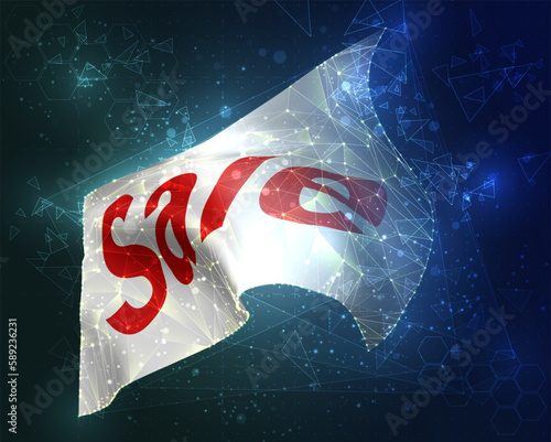 Discount,  vector flag, virtual abstract 3D object from triangular polygons on a blue background