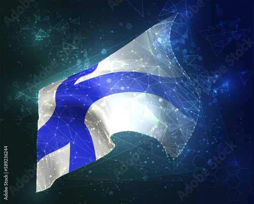 Finland,  vector flag, virtual abstract 3D object from triangular polygons on a blue background