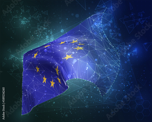 European Union,  vector flag, virtual abstract 3D object from triangular polygons on a blue background