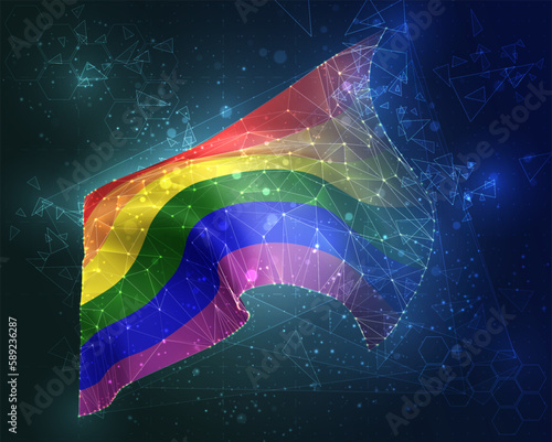 Rainbow,  vector flag, virtual abstract 3D object from triangular polygons on a blue background