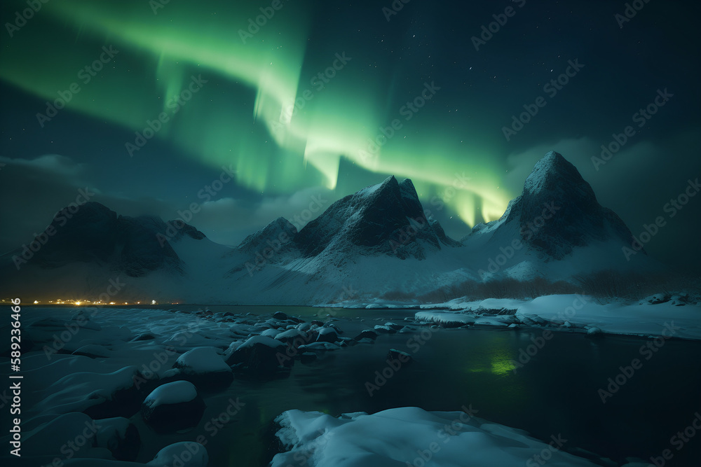Northern Lights Over Nordic Landscape, Generative AI