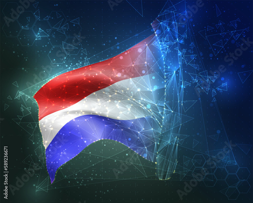 Netherlands,  vector flag, virtual abstract 3D object from triangular polygons on a blue background