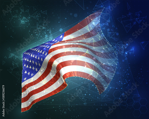 USA, America,  vector flag, virtual abstract 3D object from triangular polygons on a blue background