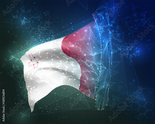 Malta,  vector flag, virtual abstract 3D object from triangular polygons on a blue background