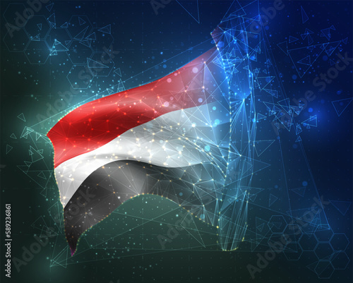 Yemen,  vector flag, virtual abstract 3D object from triangular polygons on a blue background