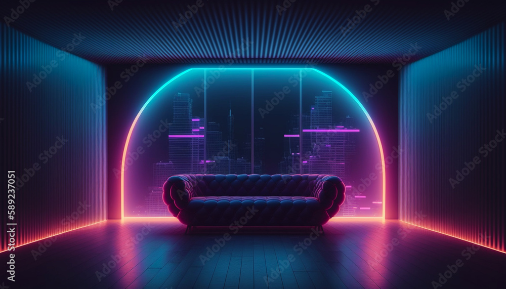 Luxury studio room design interior with sofa and window with glowing night city background. Neon lights. Generative AI