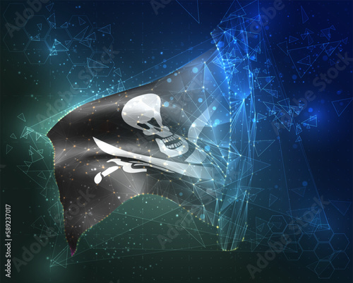 Pirate,  vector flag, virtual abstract 3D object from triangular polygons on a blue background
