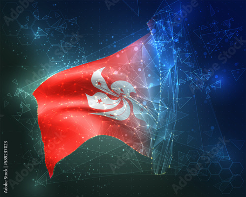 Hong Kong,  vector flag, virtual abstract 3D object from triangular polygons on a blue background