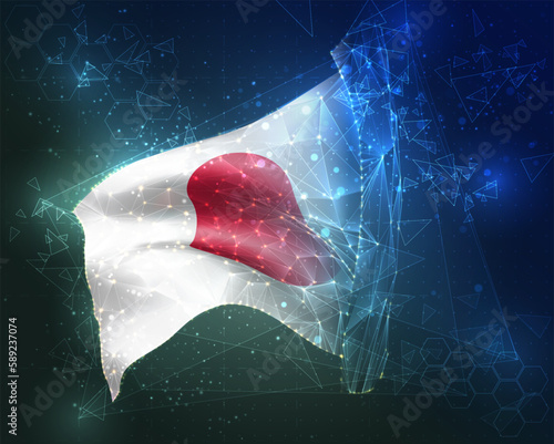 Japan,  vector flag, virtual abstract 3D object from triangular polygons on a blue background