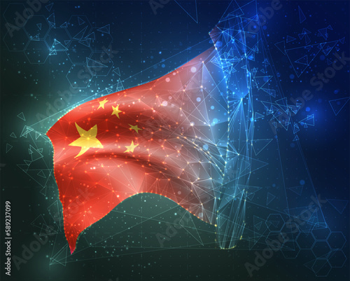 China,  vector flag, virtual abstract 3D object from triangular polygons on a blue background
