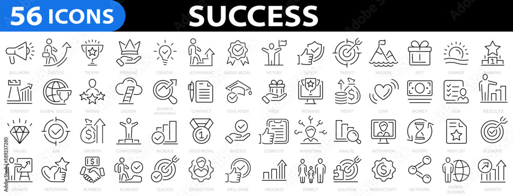 Success 56 icon set. Successful business development, plan and process symbol, goals, achievement, handshake, target. Vector illustration.