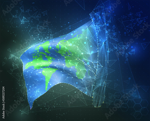 World map,  vector flag, virtual abstract 3D object from triangular polygons on a blue background