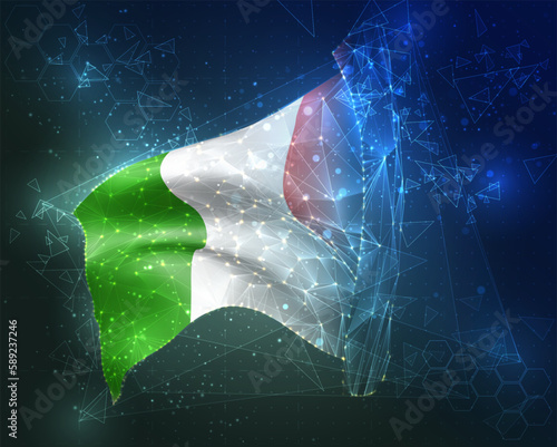 Italy,  vector flag, virtual abstract 3D object from triangular polygons on a blue background