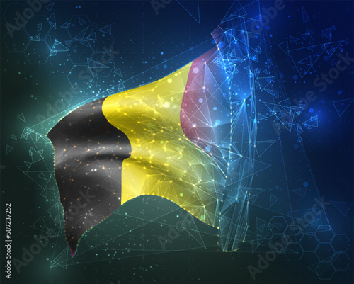 Belgium,  vector flag, virtual abstract 3D object from triangular polygons on a blue background