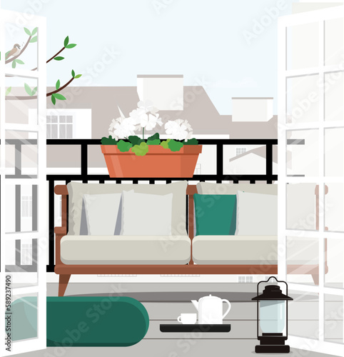 Beautiful terrace or balcony with small table, chair and flowers. Summer time Idyllic seating in the terrace with drink.