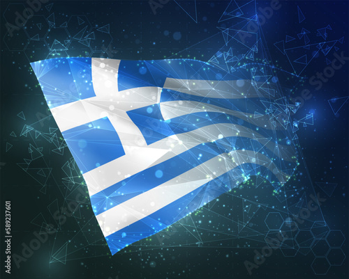 Greece,  vector flag, virtual abstract 3D object from triangular polygons on a blue background