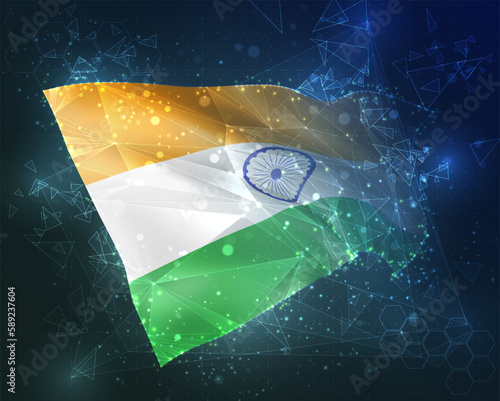 India,  vector flag, virtual abstract 3D object from triangular polygons on a blue background