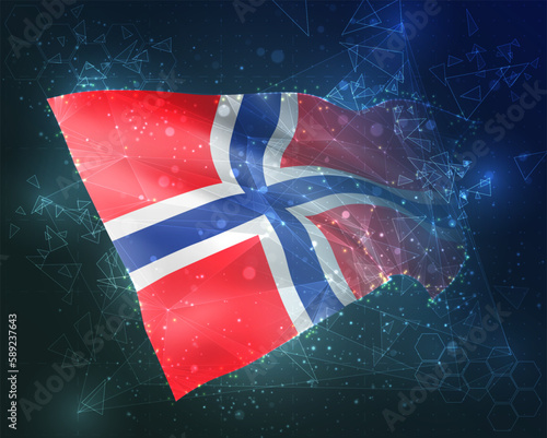 Norway,  vector flag, virtual abstract 3D object from triangular polygons on a blue background