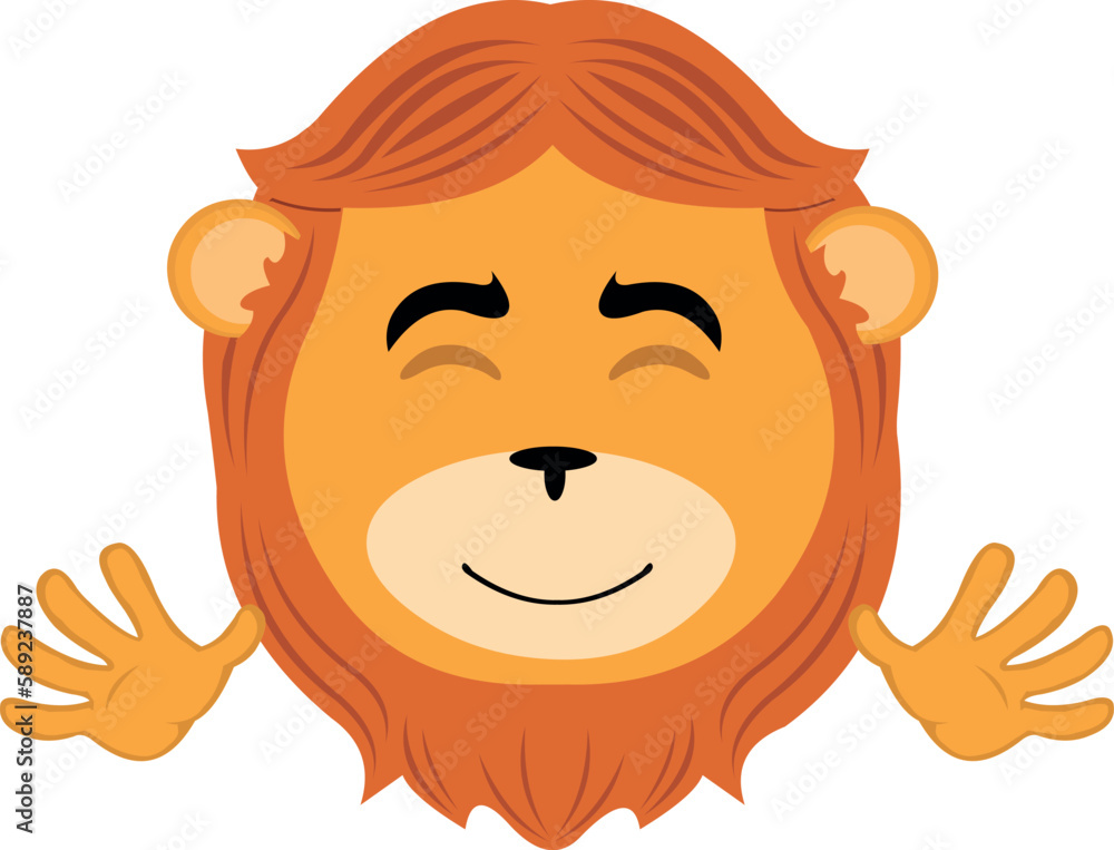 vector illustration face of a lion cartoon, a cheerful expression and greeting with his hands