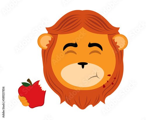 vector illustration face of a cartoon lion eating a red apple