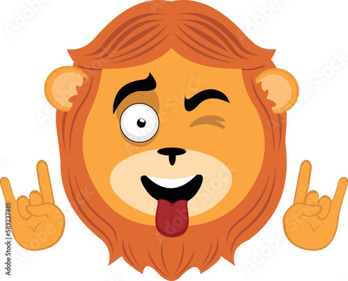vector illustration face of a lion cartoon with tongue out, winking and hands making the classic gesture of heavy metal