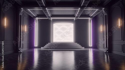 Empty luxury dark studio room interior with gray and purple walls. Windows with lights. Empty glowing stage. Modern design. Generative AI