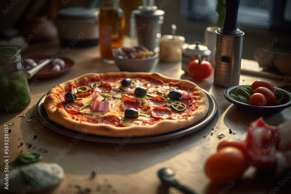 A pizza on a table with ingredients, generative ai A pizza on a table with ingredients, generative ai