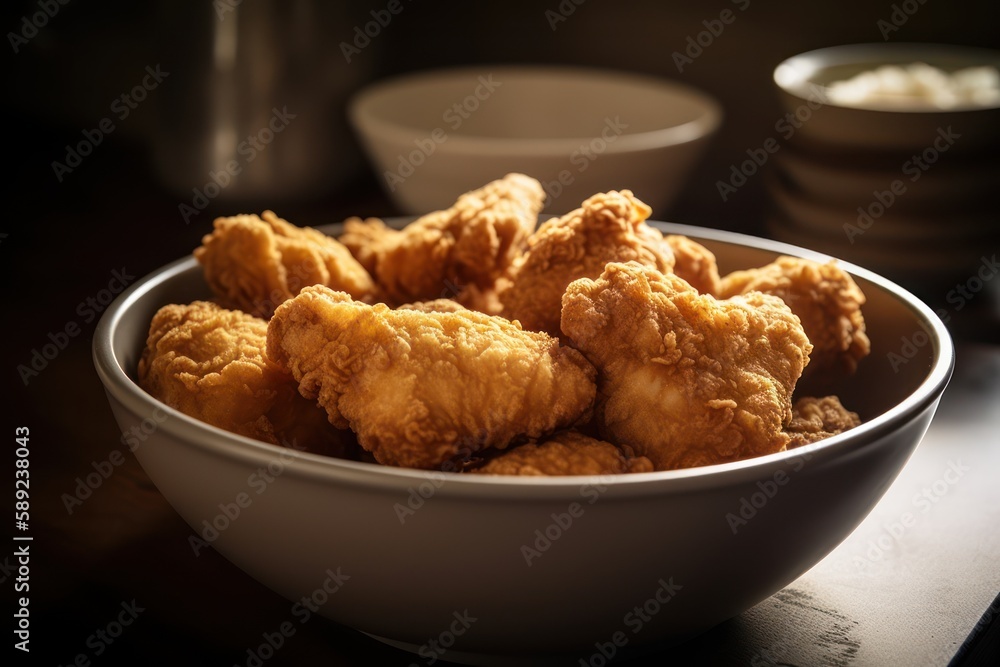 A bowl of chicken nuggets on a table, generative ai A bowl of chicken nuggets on a table, generative ai