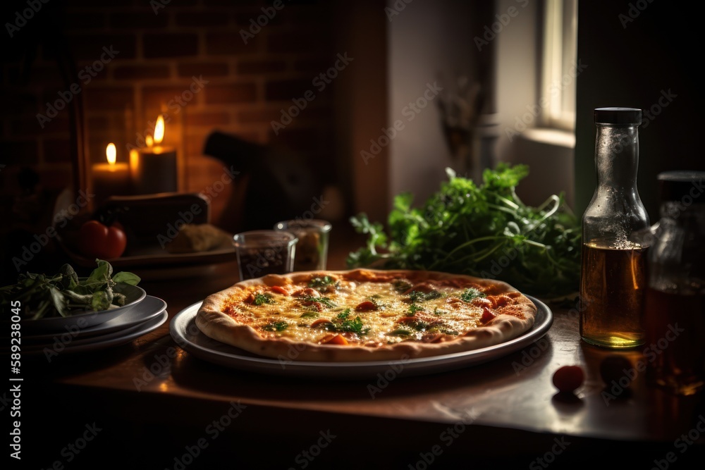 A pizza on a table with ingredients, generative ai A pizza on a table with ingredients, generative ai