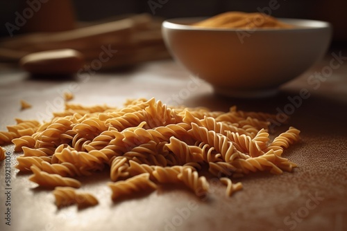 A bowl of pasta is on a table next to a bowl of salt.