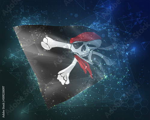Pirate,  vector flag, virtual abstract 3D object from triangular polygons on a blue background