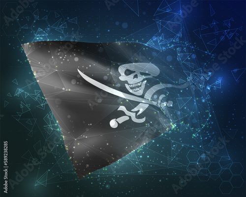 Pirate,  vector flag, virtual abstract 3D object from triangular polygons on a blue background